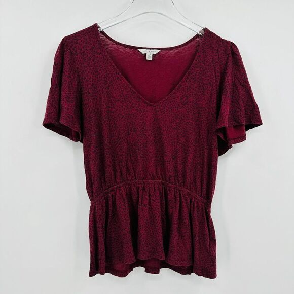 Lucky Brand Tops - Lucky Brand Sz Small Maroon & Black Animal Print Flutter Sleeve Boho V Neck Top